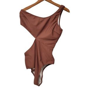NWT CUPSHE Brown One Shoulder One‎ Piece Cutout Swimsuit Bathing Suit Sz…